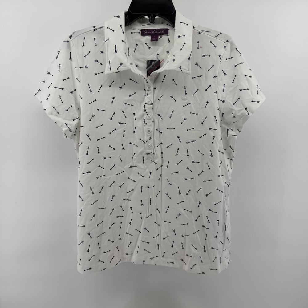 Gloria Vanderbilt Womens White Arrow Print Short Sleeve‎ Polo Shirt Size L NEW